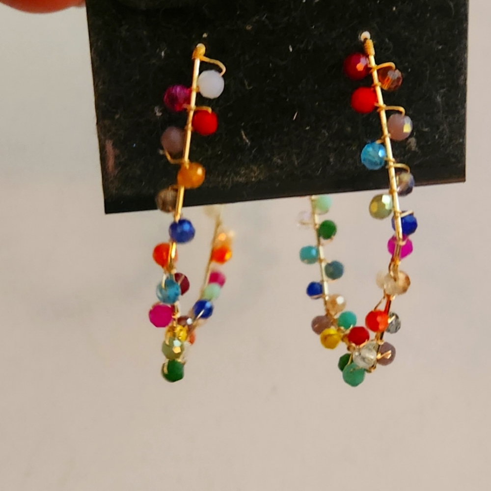 Beaded hexagon wire hoop earrings